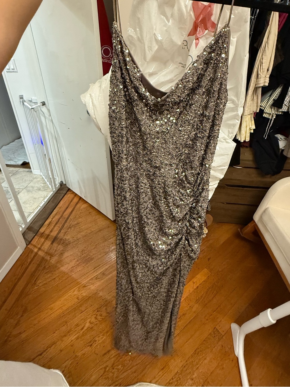 Betsy & Adam Silver Sequin Cowl Neck Gown